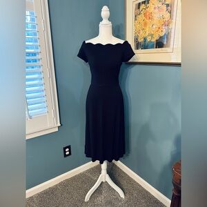 Ann Taylor LOFT Black Off-Shoulder Scalloped Midi Dress